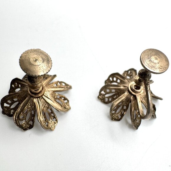 Gold-Tone Earrings Vintage Earrings Rhinestone Flower Screw-Back Mid-Century - Picture 4 of 7